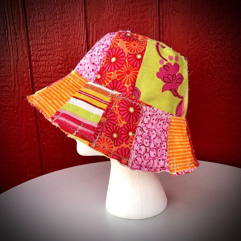 Upcycled Patchwork Hat - One of One Orange Pink Retro Bucket Hat